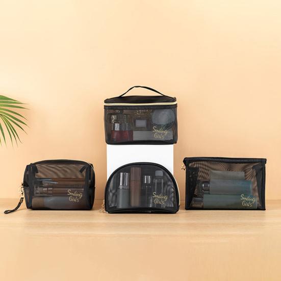 Mesh Cosmetic Bag Visible High Capacity Portable Double Zippers with Handle Storage Multifunctional Travel Mesh Makeup Bag Trip Accessory
