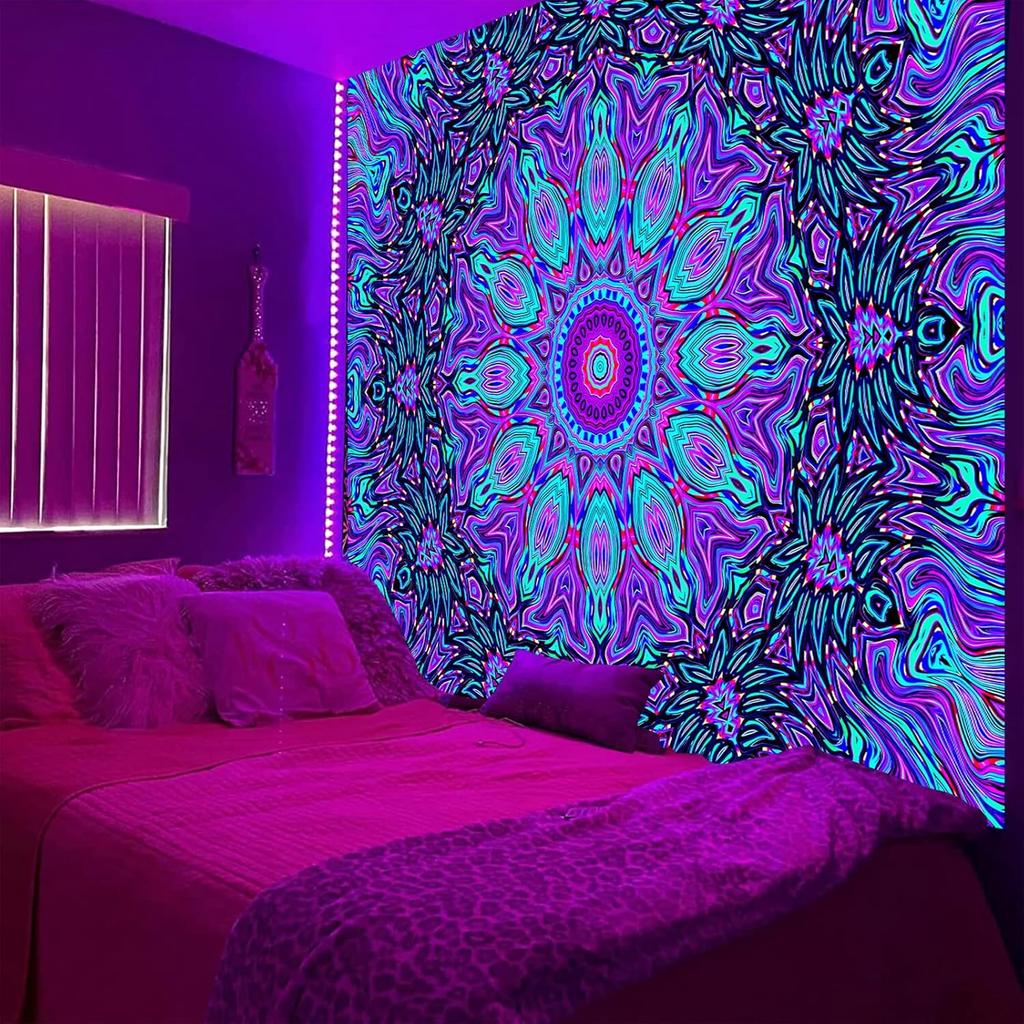 Blacklight Trippy Mandala Tapestry, Boho Black Light Posters for Adults UV Reactive Room Decor for Bedroom Wall