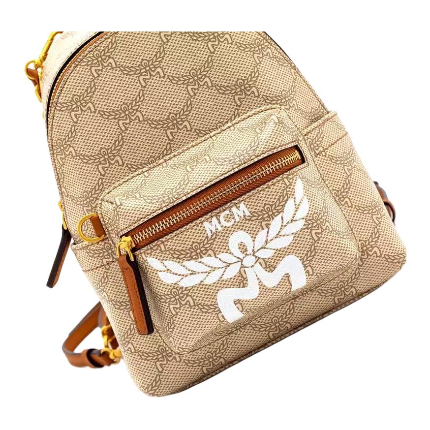 MCM Stark Lauretos Monogram Coated Canvas And Leather Mini Backpack Women Backpack Beige MMKESVE03I9001