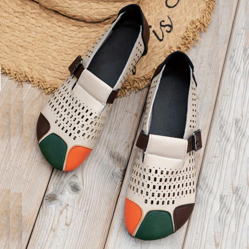 Retro Ethnic Style Button-up and Hollowed-out Women's 2025 Summer New Flat Soft Leather Shoes for Lazy People