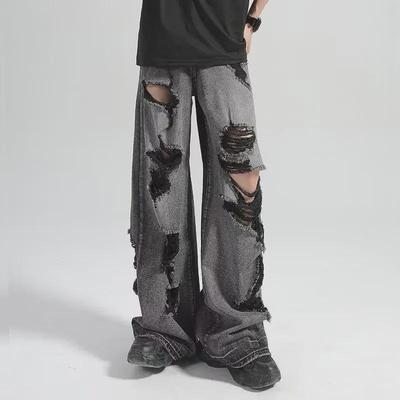 Men's Black Retro Wide-Leg Ripped Jeans - Casual Straight Fit
