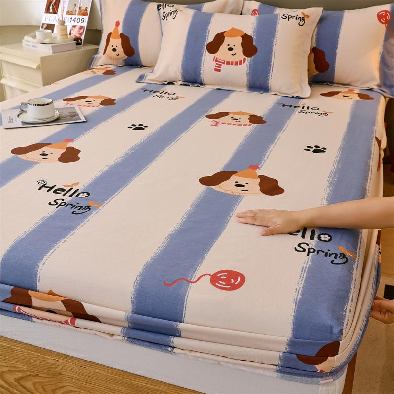 Classic Floral Pattern Fitted Sheet Set 100% Cotton Thickened Fitted Sheet Soft Skin-friendly Mattress Cover with 2 Pillowcases