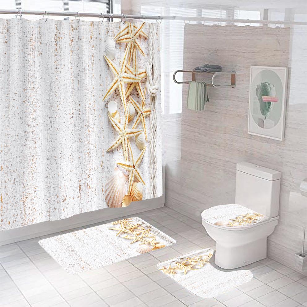 Bathroom Shower Curtain Four-piece Digital Printing Beach Shell Waterproof Shower Curtain Shower Curtain Partition Curtain Bath Mat