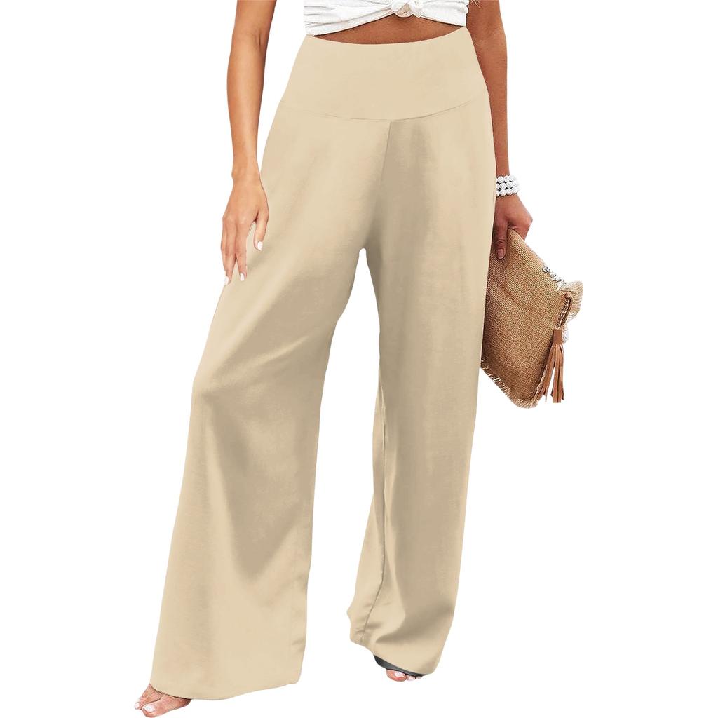 Damen Freizeithose mit hoher Taille, weitem Bein und Taschen, fließend für den Alltag