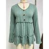 2024 European And American Autumn/Winter New Solid Color V-Neck Button Splicing Loose Long Sleeve T-Shirt Top For Women