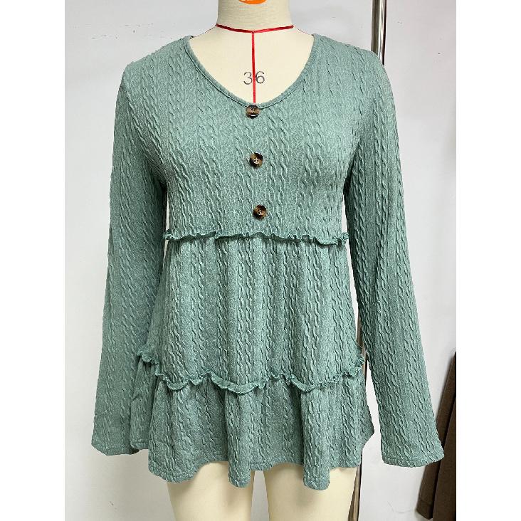 2024 European And American Autumn/Winter New Solid Color V-Neck Button Splicing Loose Long Sleeve T-Shirt Top For Women