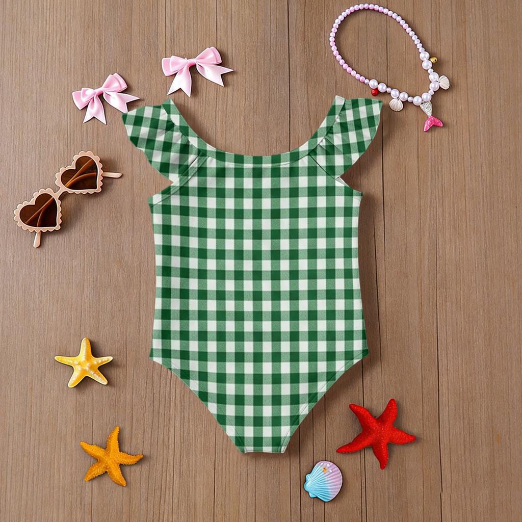 Girls One Piece Swimsuit Plaid Print Sleeveless Ruffled Shoulder Swimwear Kids Casual Summer Bathing Suit