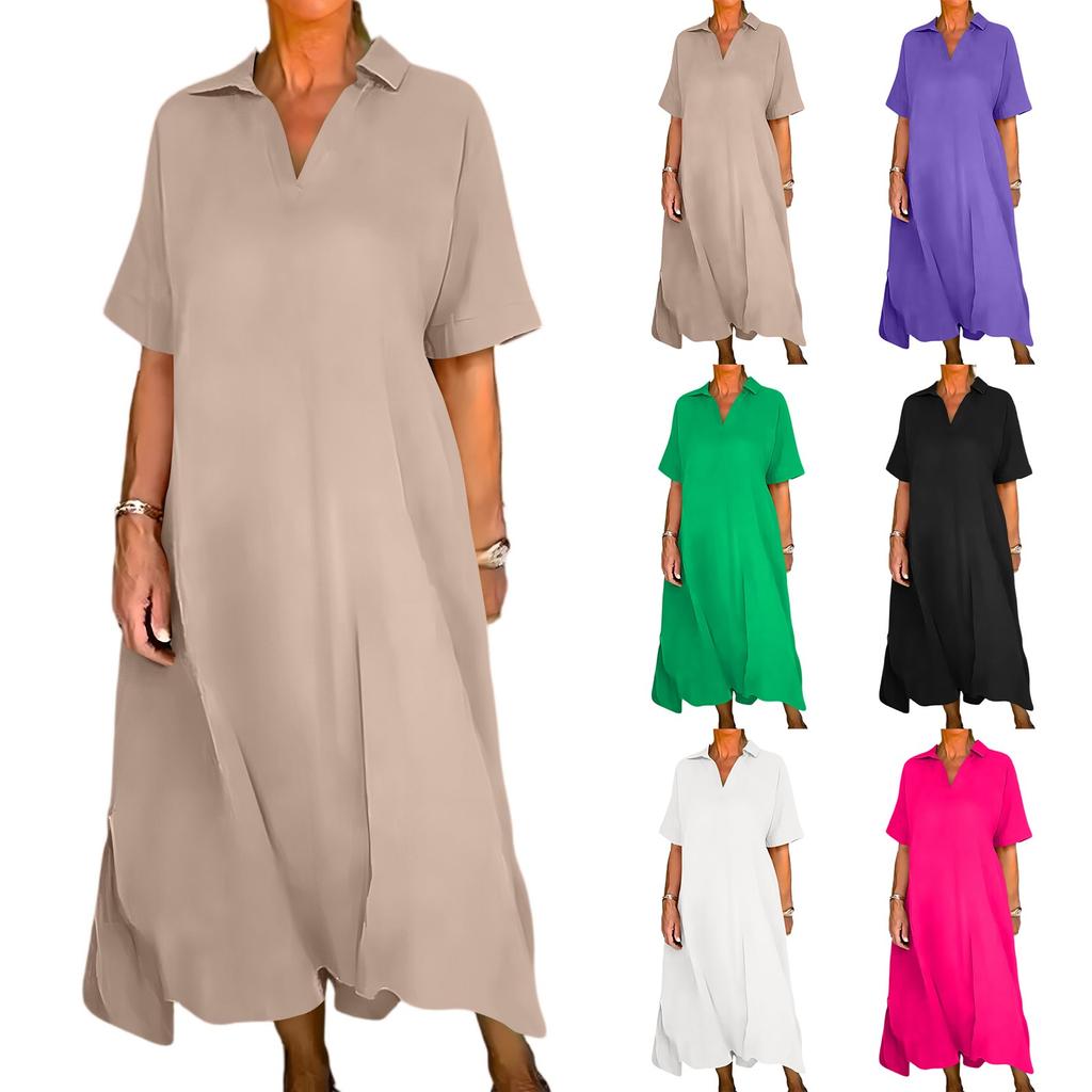 Dámské módní jednobarevné ležérní volné šaty s krátkým rukávem, klopou a širokou sukní