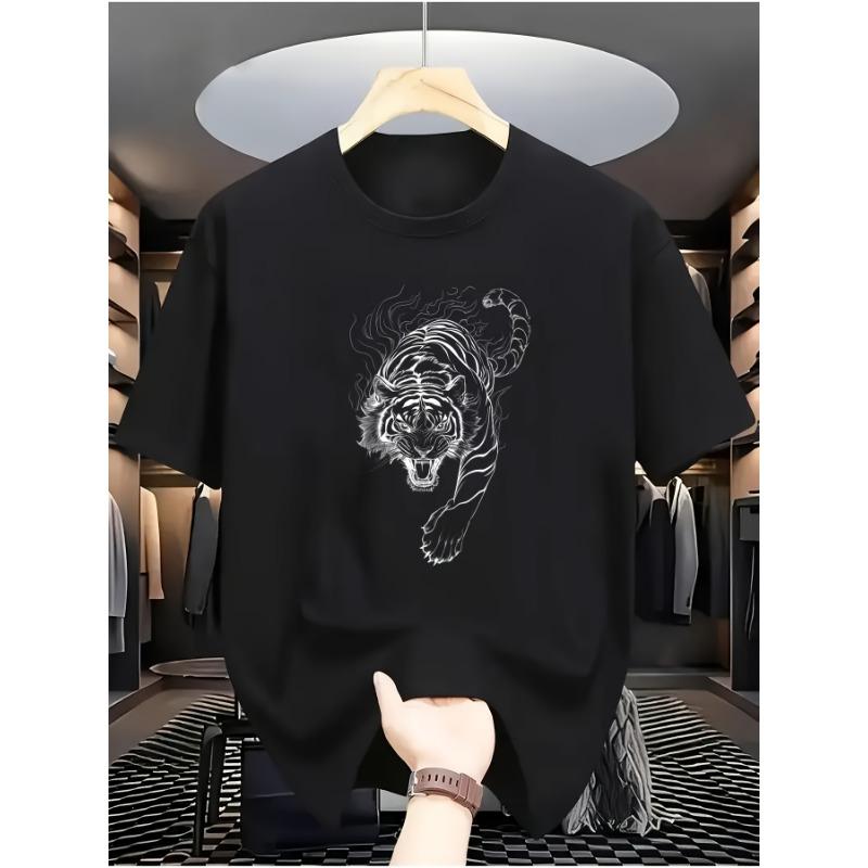 

European sizes A Stylish White Short-Sleeve T-Shirt Featuring a Bold Tiger Design 4XL чорний