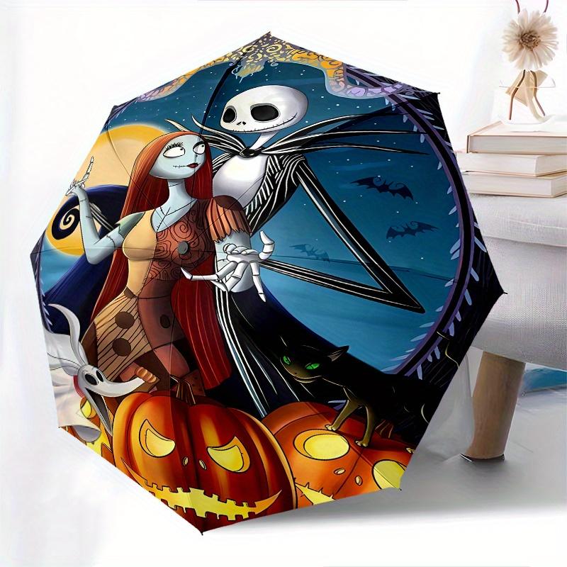 

Jack Skellington And Sally Pumpkin Durable Cartoon Folding Umbrella, Portable 3-Fold Compact Umbrella for Men and Women, Suitable for Travel