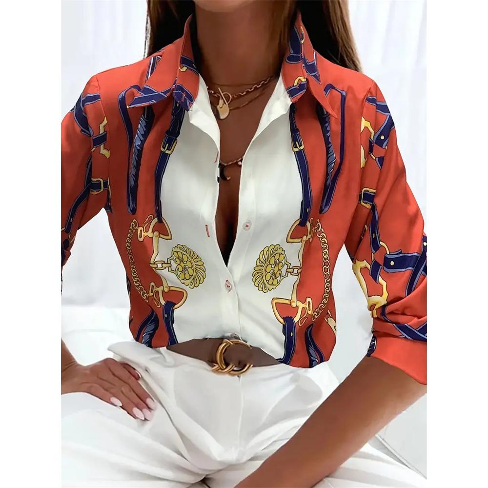Boutique Pattern Printed Button Long Sleeve Women's Shirt Vintage Elegant Office Fashion Large Size Women's Daily Lapel Shirt