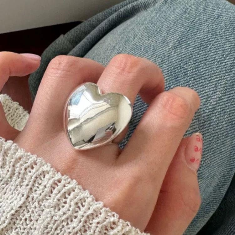 

925 Sterling Silver Rings For Women Geometric Fine Jewelry Finger Adjustable Simple Big Heart Ring For Party Birthday Gift resizable