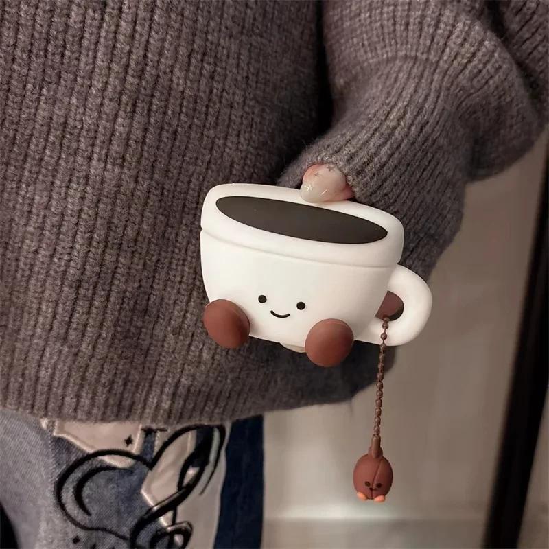 Earphone Case For Airpods 4 3 2 1 Cartoon Cute 3D Smiling Face Coffee Cup Soft -drop Cover Silicone Headphone Accessories