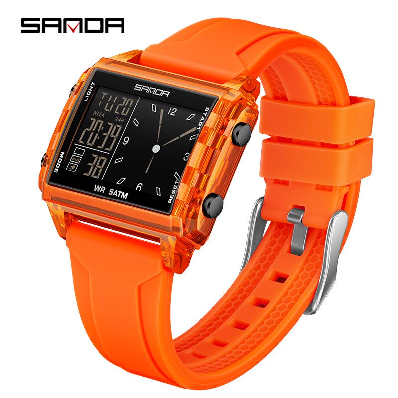 Sanda Waterproof Luminous Sports Watch: Square, Transparent Timer for Students