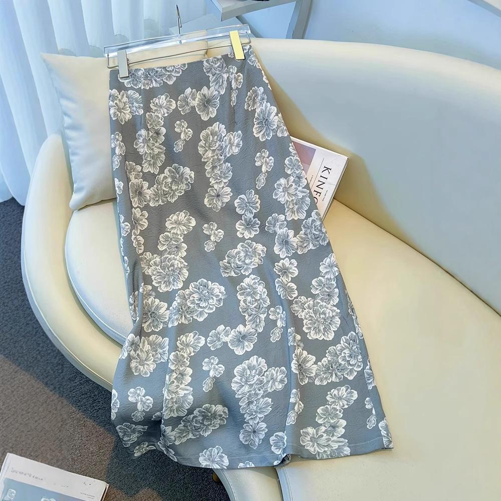 2025 Women's High-Waisted Satin Floral Midi Skirt - Summer A-Line Pencil Design