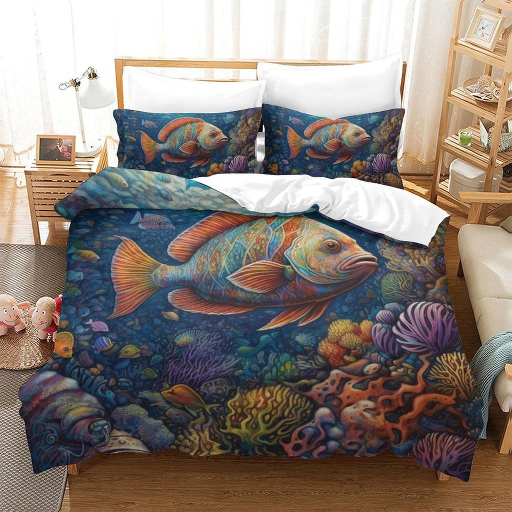 Colorful Fish 3D Digital Printing Polyester Quilt Cover Two Or Three Pieces Can Be