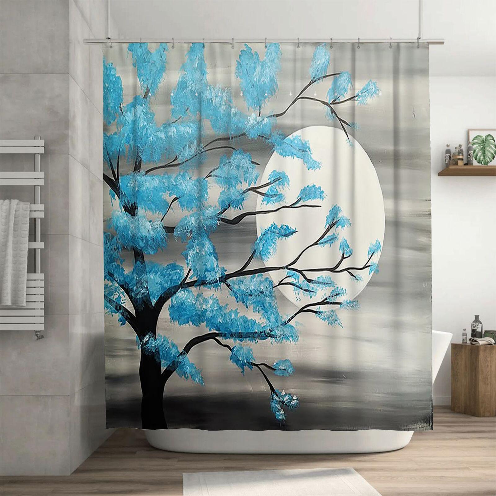 

Blue Tree and Moon Waterproof Shower Curtain Heat Resistant Machine Washable Non-Transparent 180x180cm 90X180cm(35x70in)