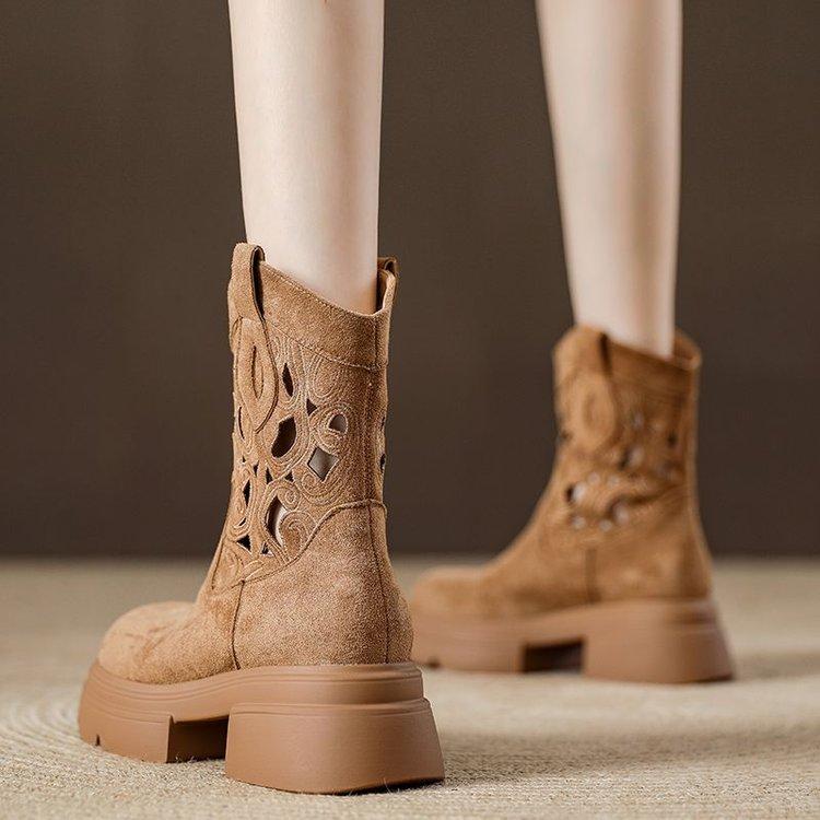 

New Women s Suede Western Cowboy Boots, Thick Sole Vintage Cutout, Breathable Elevated Heel, Summer Ankle Boots 37