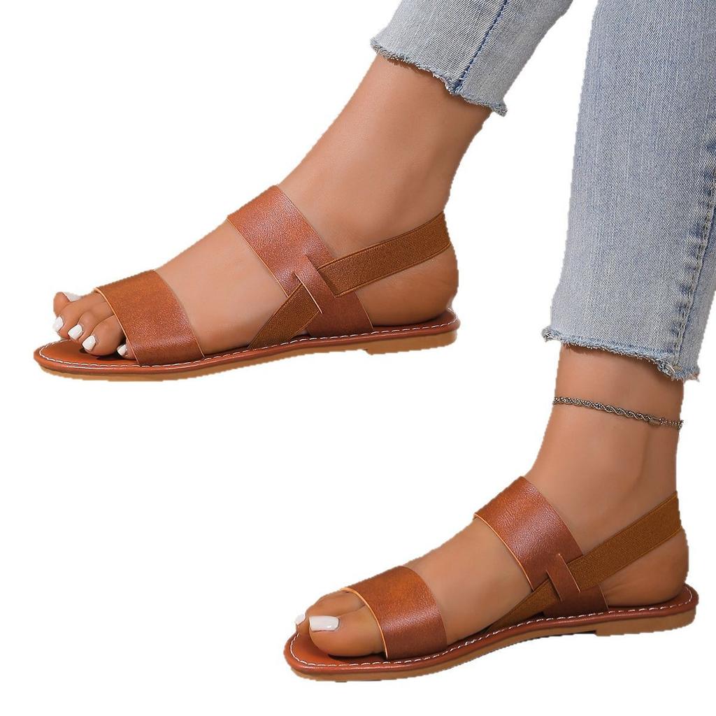 Large size flat sandals women's new round head open toe one-word buckle with beach women's sandals Sandals