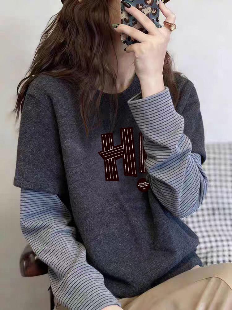 Women's Striped Long-Sleeve Velvet Layered T-Shirt - Versatile Base Layer for Spring, Autumn, Winter