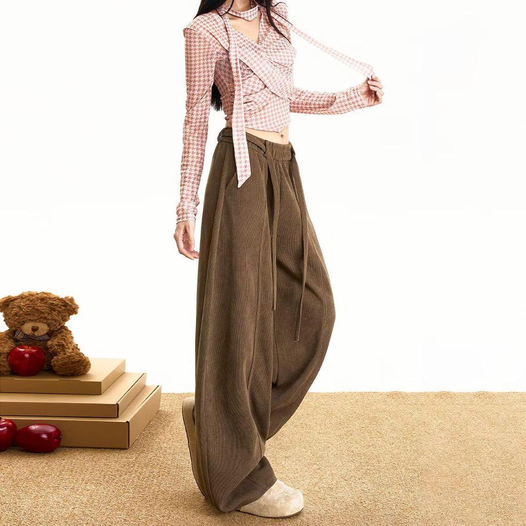 European Women’s Wide-Leg Velvet Pants: Casual Korean Style, Versatile & Floor Length for Spring-Summer