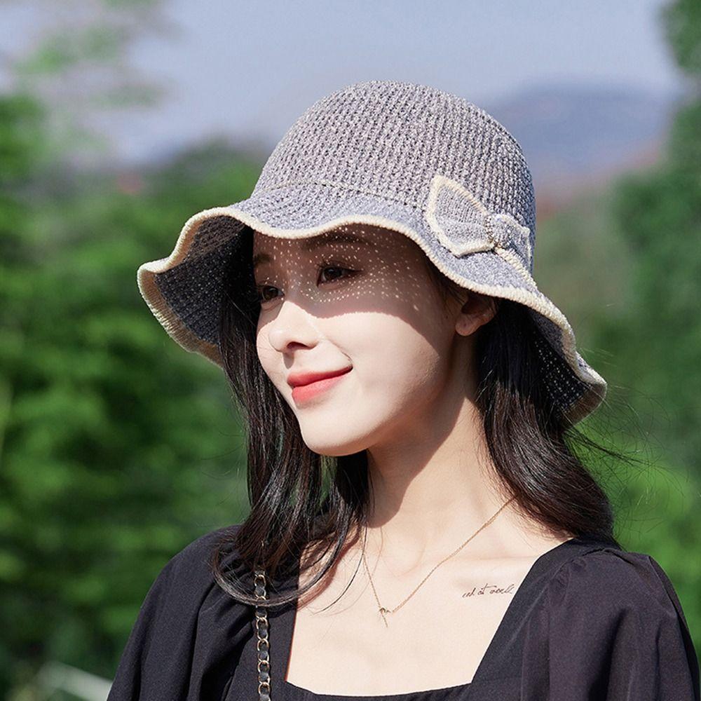 

UV Protection Wave Brim Solid Color Knitted Women Cap Bowknot Sun Hat Bucket Hat Fisherman Hat бежевый