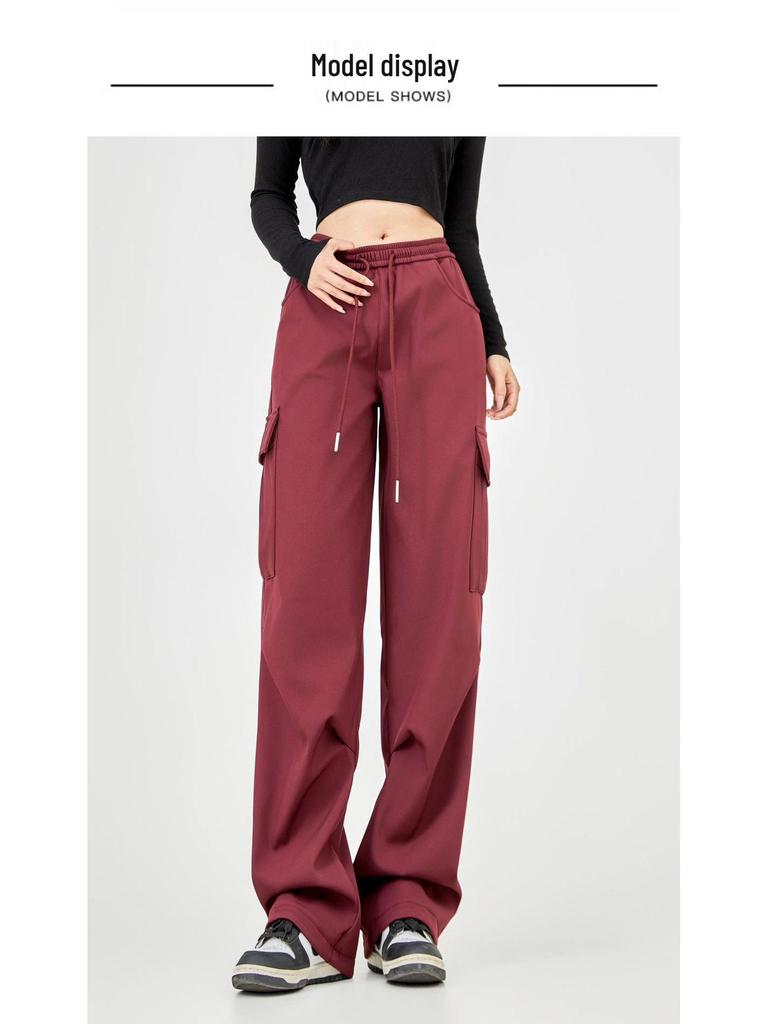 Damen Hochwertige Lässige Cargohose: Herbst/Winter-Stil, mit Plüschfutter, lockere Passform, gerades Bein, mehrere Taschen, Kordelzug, Polyester.