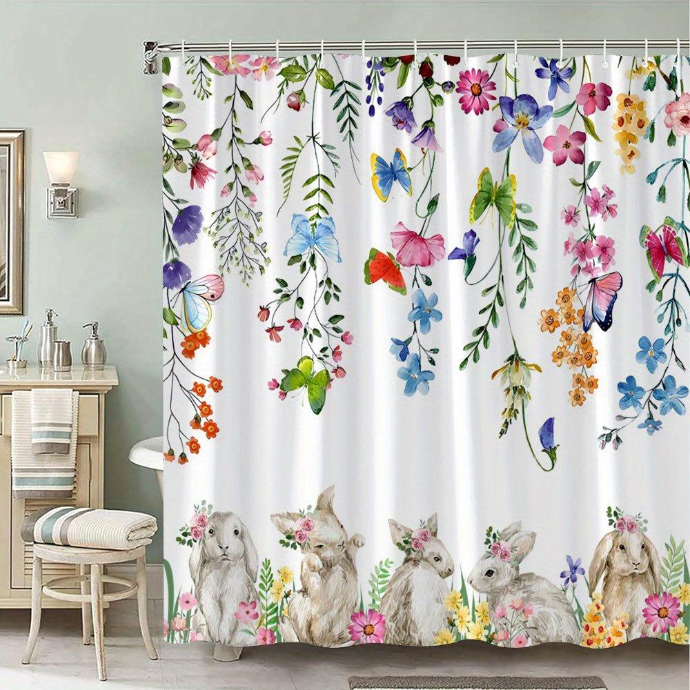 

Rabbit Bath Curtain -Whimsical Watercolor Design with Fluffy Rabbits & Colorful Flowers, Polyester Fabric Bathroom Decor, 90X180CM