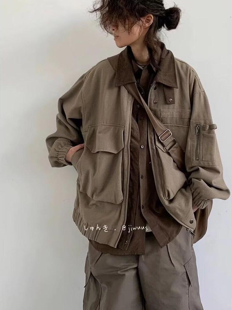 Unisex Japanese Retro Workwear Jacket: Multi-Pocket, Lapel, Loose Fit for Spring/Autumn