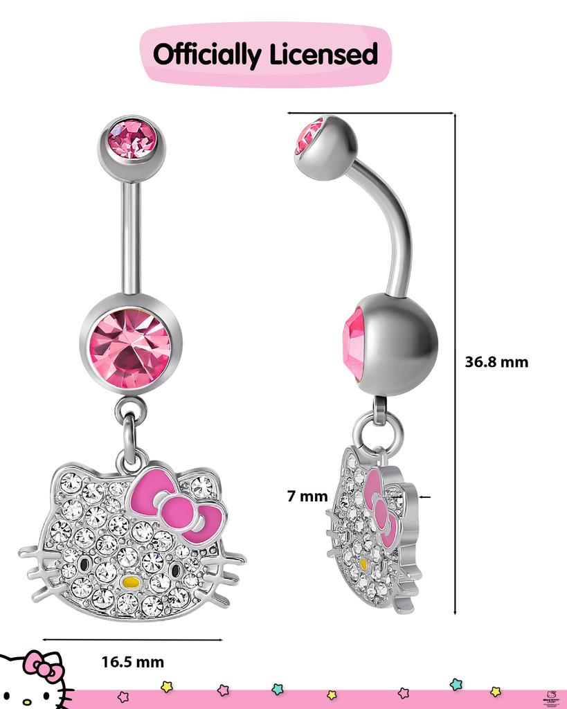Hello Kitty Belly Button Stainless Cute Belly Button Piercing Official Sanrio Stainless Crystal Ring, 14g, Steel, Jewelry, Licensed, Steel,