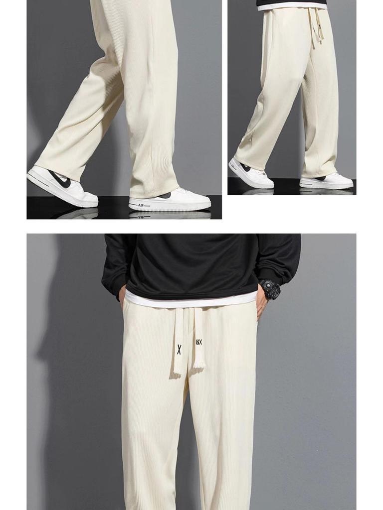 Men's Trendy Summer Ice Silk Wide-Leg Pants - Casual, Solid Color, Plus Size, Straight-Leg Sports Style