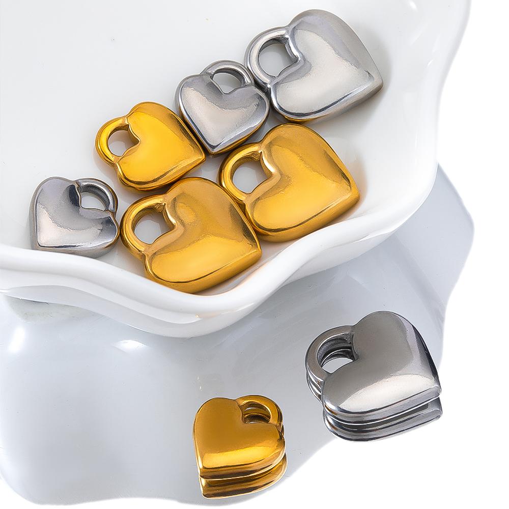 5pcs Glossy Heart Lock Charm Stainless Steel Gold Color Love Couple Pendant Earring Necklace Choker DIY Jewelry Making Wholesale