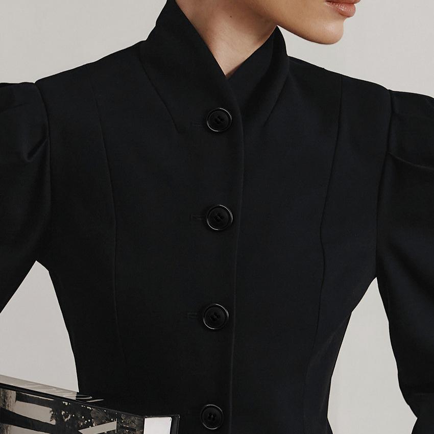 Damen Vintage Stehkragen Blazer Puffärmel Einreiher Schmale Kurze Jacke Elegante Büro Oberbekleidung Winter