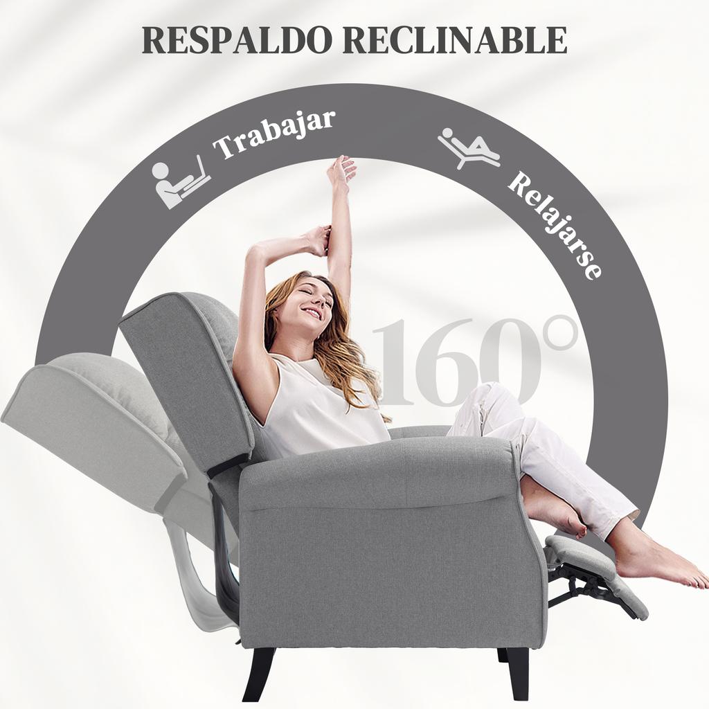 Manual Reclining Relax Armchair Upholstered In Synthetic Linen With Retractable Footrest 150 Kg Load Capacity Gray