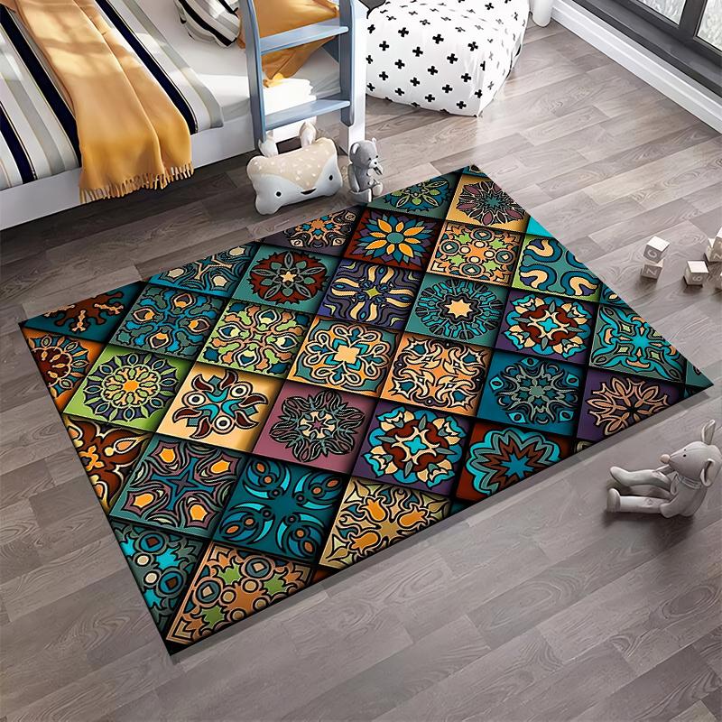Colorful Geometric Carpet with Vintage Floral Tile Patterns Suitable for use as an anti-slip for living room bedroom sofas