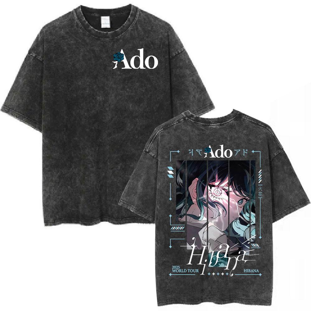 Ado Red Rose 2025 World Tour Hibana Vintage Washed T Shirts Men Women Fashion Harajuku T-shirt High Quality 100% Cotton T-shirts