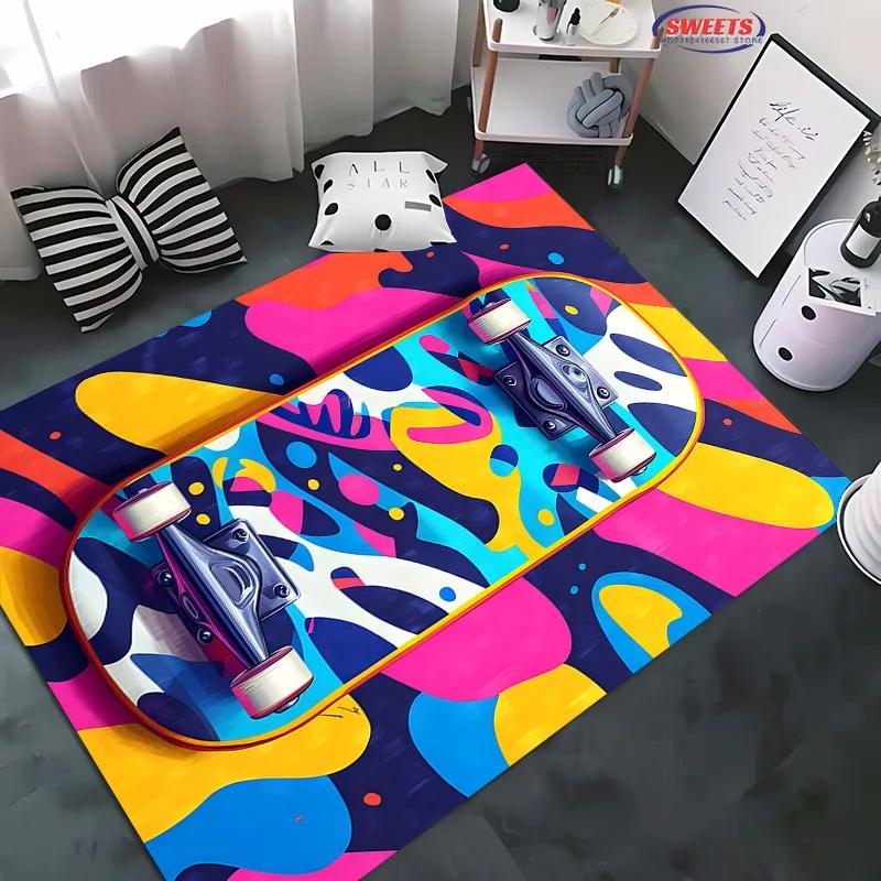 1 Stück Junge Mode Skateboard Print Bereichsteppich, Teppich für Zuhause Wohnzimmer Kinderzimmer Sofa Dekor, Kinder Spiel Rutschfeste Bodenmatte