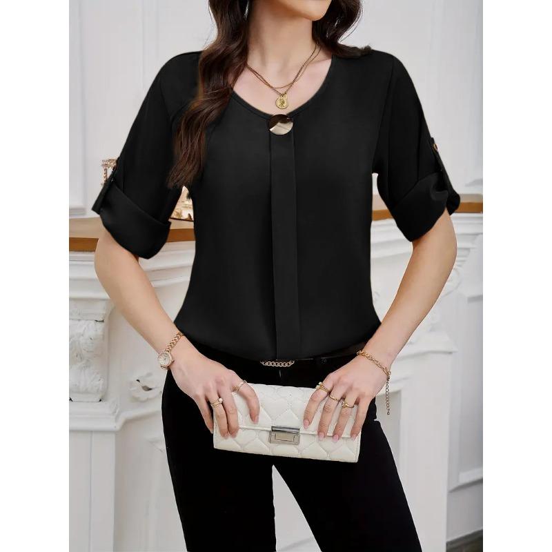 

Рубашки для бизнеса с круглым вырезом и подвернутыми рукавами, простые и универсальные. Элегантные и повседневные женские блузки и рубашки XXL чёрный