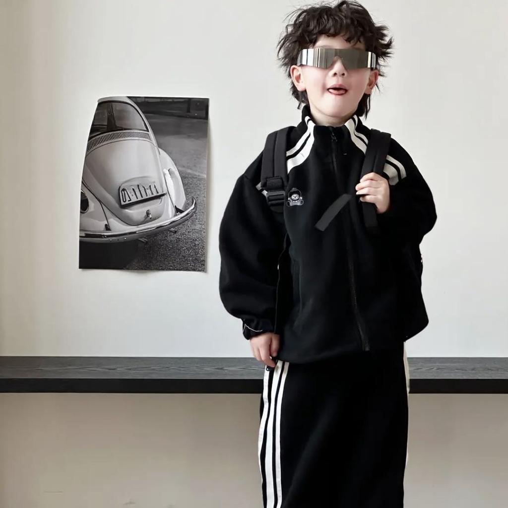 Spring Korean - style Children's Casual Cartoon - embroidered Striped Versatile Trendy Sports Sweatshirt Set