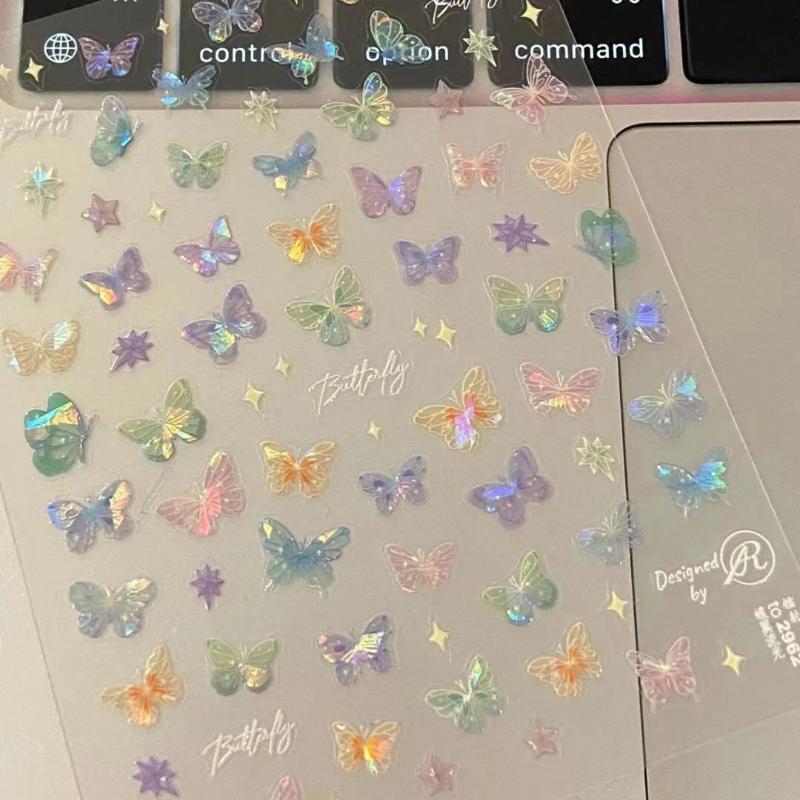 1PCS Butterflies Nail Pattern Y2K Sticker Shell Aurora Butterfly Nail Stickers Shiny 3D Nail Decals Decoration Art Supplies