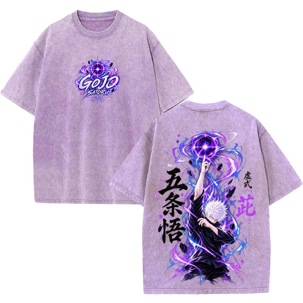 Jujutsu Kaisen Anime T-shirt Satoru Gojo Vintage Washed Oversized T Shirt Short Sleeve 100% Cotton Tees Tops Men Women Clothing