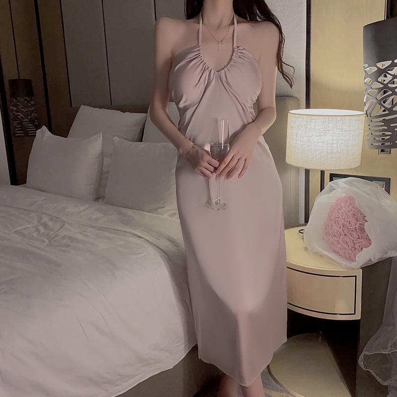 Dress Set Women's Solid Color Drawstring Halter Satin Long Dress with Padded O Neck Backless Sexy Pajamas for Women