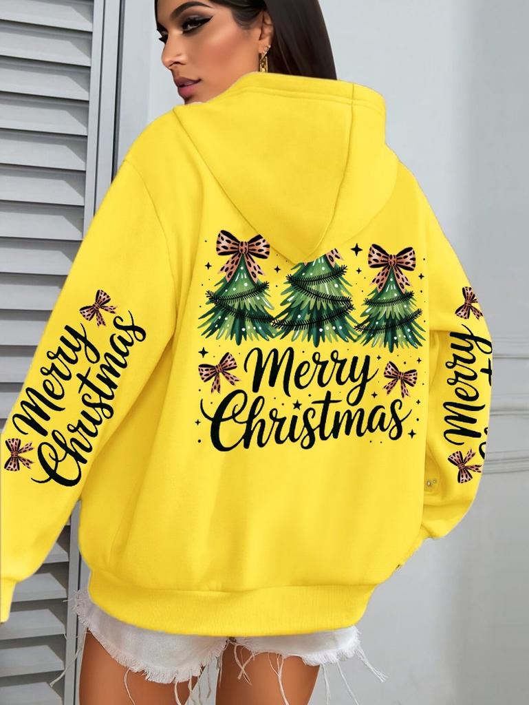 Merry Christmas Bow Tree Pattern Women'S Hoodie Casual Hoodie Autumn Hooded Sweater