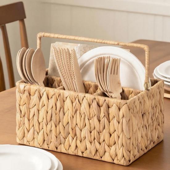 Geflochtener Aufbewahrungskorb mit Griff 4 Fächer Handgefertigt Natürlicher Utensilienorganizer für Küchenarbeitsplatte Picknick BBQ Tragbarer Besteckhalter Und