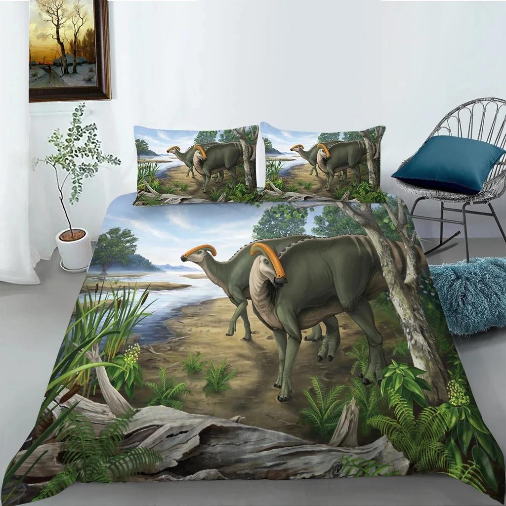 Jurasic Dinosaur Soft Duvet Cover Set for Young Boys King/Quen Sized Dimensions Polyester Beding Set Big Stegosaurus Brontosaurus Pterosaur