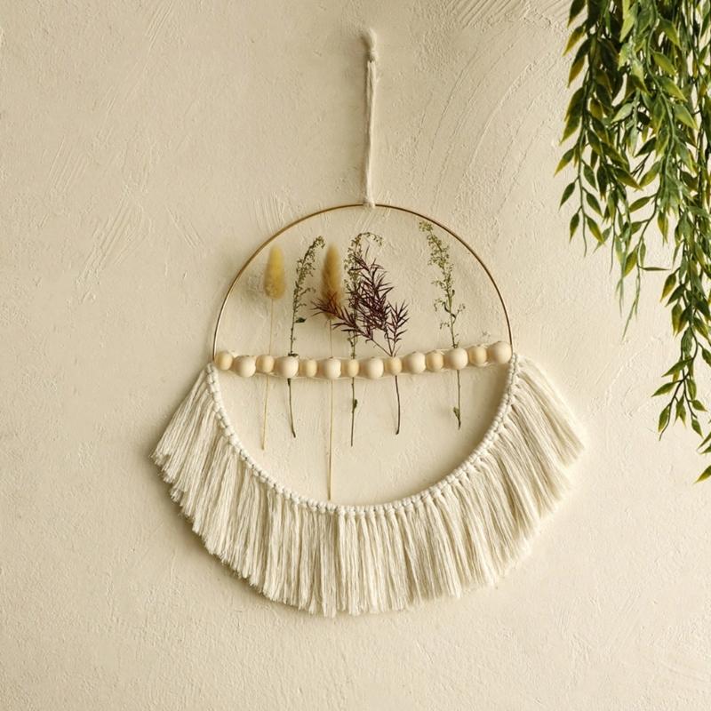 Elegant Handmade Macrames Tassels Wall Hanging Decors Large Round Frame Wood Beads Wall Ornament for Home Aesthetic