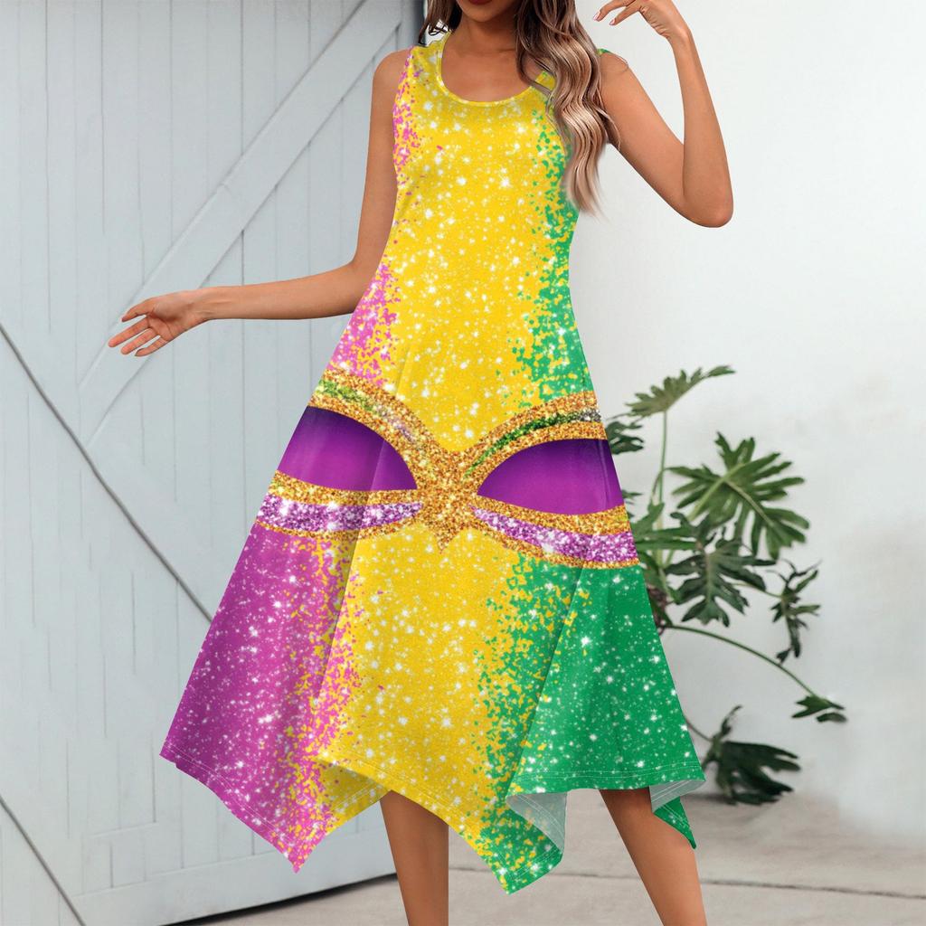 Dámská ležérní móda Midi šaty s kulatým výstřihem a potiskem bez rukávů s nepravidelným lemem