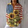 Women's Fashion 3/4 Sleeve Casual Lapel Back Tie Independence Day Printed T-shirt Top