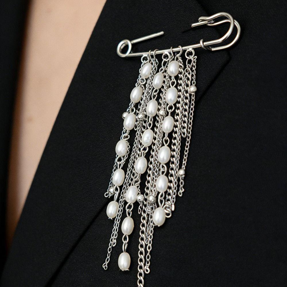 Pearl Tie Collar Needle Vintage Multi-layer Chains Pin Fashion Long Tassel Brooch  Men