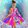 Mädchen Freizeitkleid mit 3D-Einhorn-Print, Rundhalsausschnitt, lange Ärmel, Kinder Prinzessinenkleid